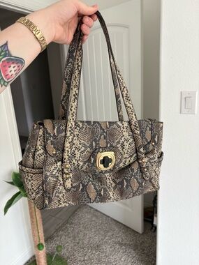 b. makowsky Brown/Tan Snakeskin-Print Shoulder Bag with Gold Turn-Lock